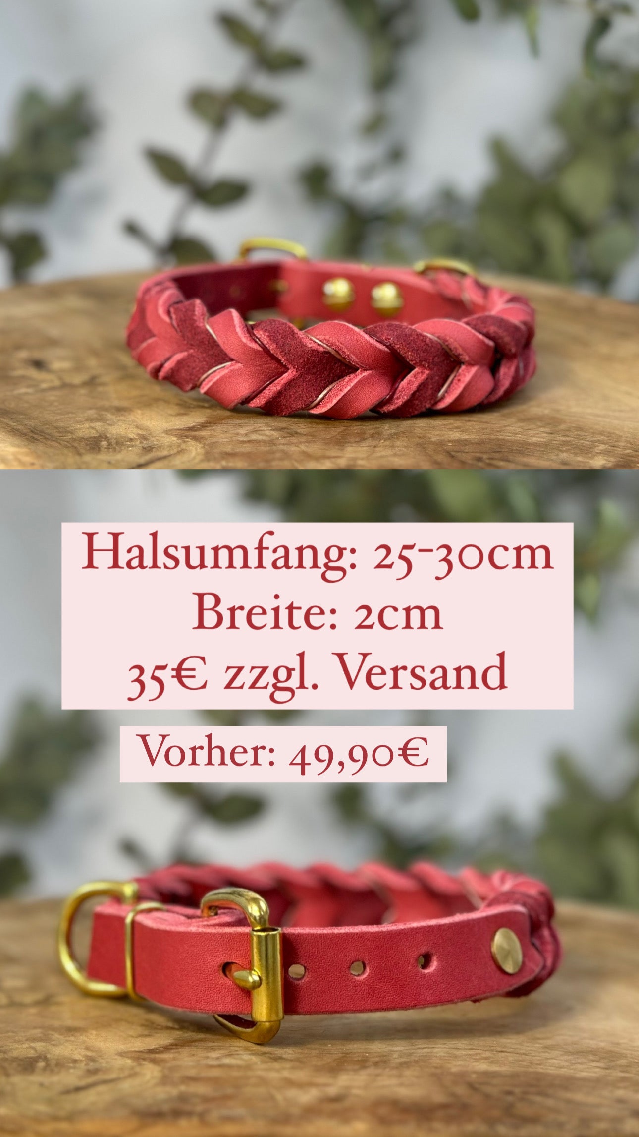 Leder Halsband geflochten altrosa/rot/gold– Halsumfang: 25-30 cm – Breite: 2 cm